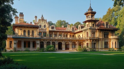 Obraz premium Elegant european manor with elaborate architecture surrounded by lush greenery