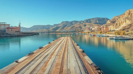 Serene waterfront view of wooden pier and boats in calm waters with mountainous background