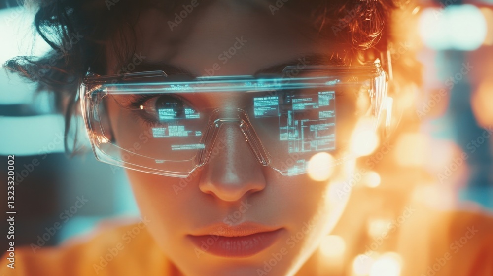 Poster close up of a software engineer wearing futuristic augmented reality glasses, with code and data dis