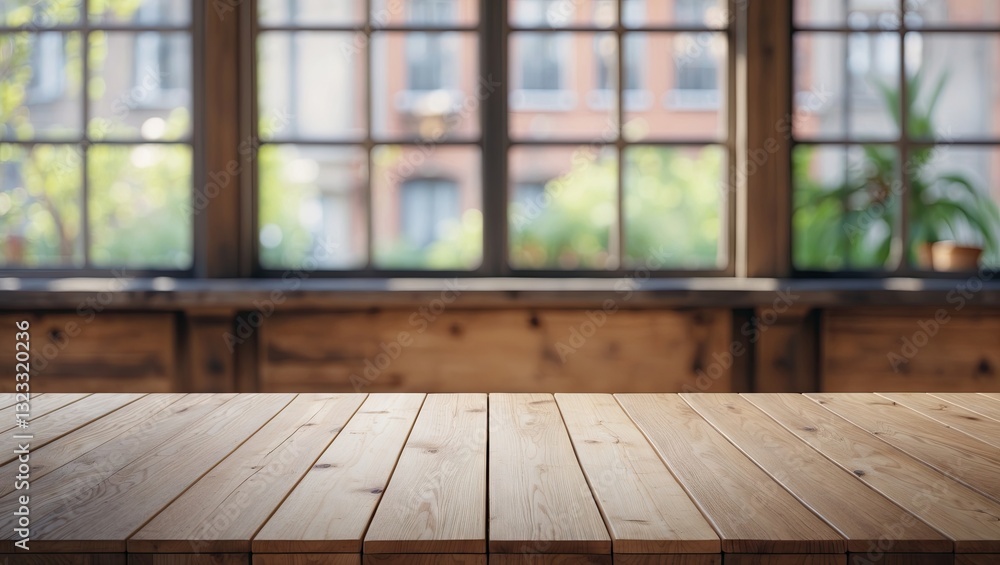 Poster empty wooden table with horizontal planks positioned at the forefront, soft blurred window backgroun