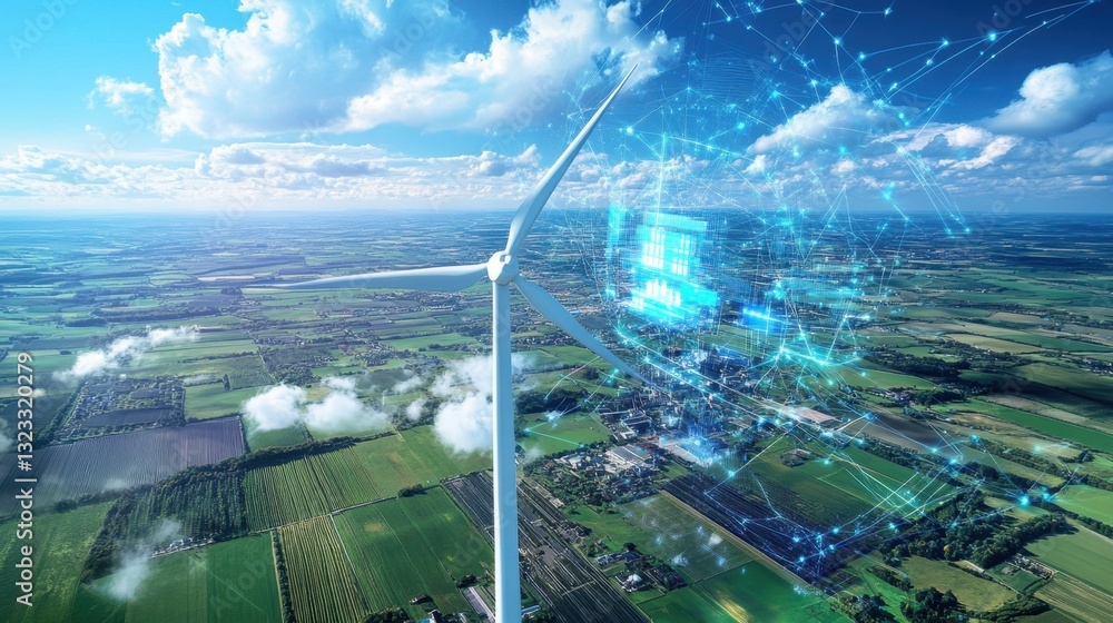 Poster a cutting-edge ai-powered wind farm ensuring efficient energy output for factories