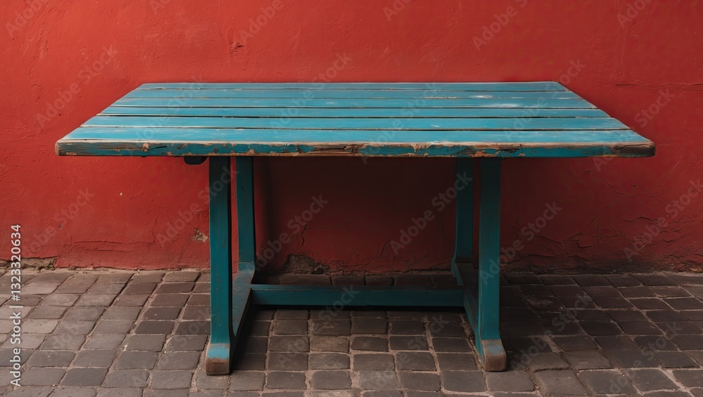 Poster a vibrant turquoise wooden table centered in front of a textured red wall with rustic brick flooring