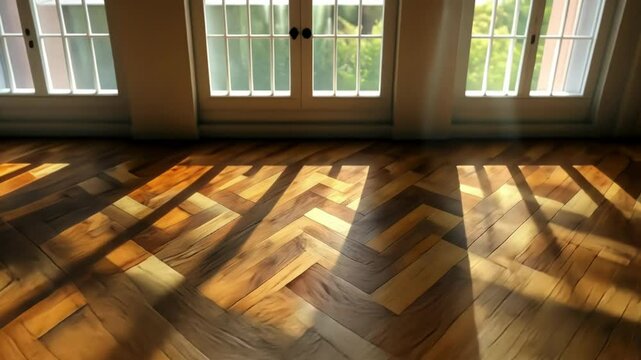 Sunlit wooden floor with intricate patterns and soft shadows.