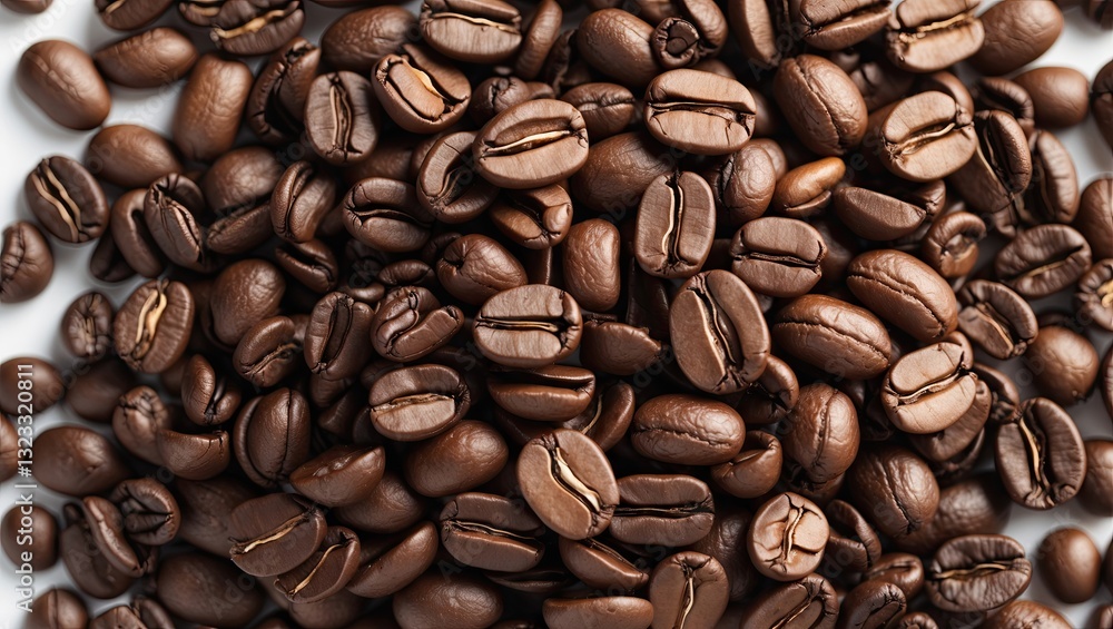 Poster close-up of roasted coffee beans in various shades of brown arranged on a white background with ampl