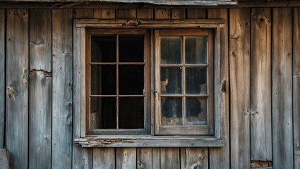 Rustic wooden wall with an aged window featuring cracked panes in brown tones creating a sense of decay and offering ample copy space.