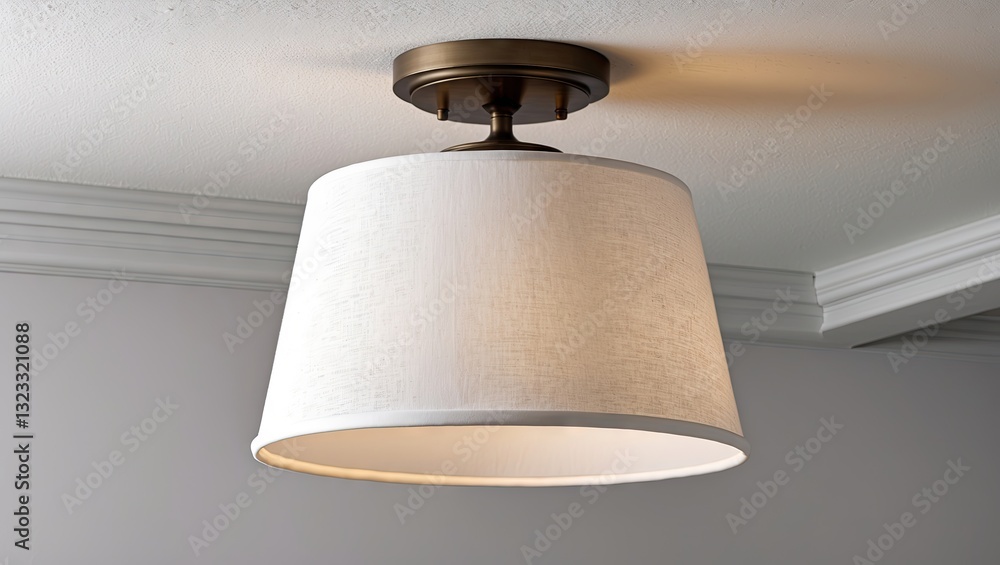 Poster elegant ceiling light fixture with a white linen lampshade positioned centrally against a soft gray 
