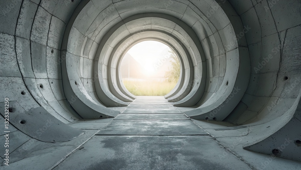 Poster abstract concrete tunnel perspective with circular archways and diffused natural light illuminating 