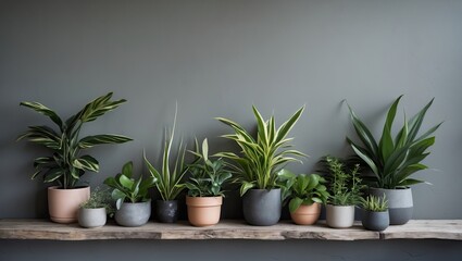 Obraz premium Indoor plants in various pots arranged on a wooden shelf against a gray wall, featuring green foliage and neutral tones for a cozy aesthetic.