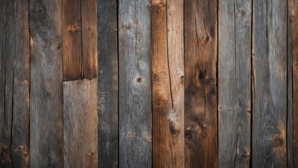Fototapeta premium Rustic wooden backdrop with varying shades of brown and gray planks arranged vertically, ideal for design projects or backgrounds.