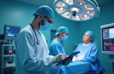 Caucasian male doctor using tablet in operating room with colleagues and patient preparation