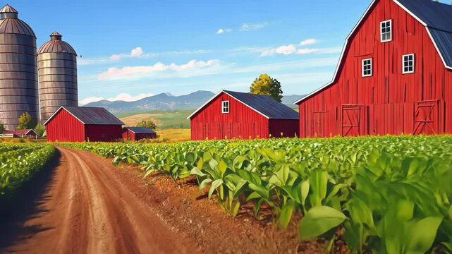 Scenic rural landscape with red barns and silos surrounded by fields.