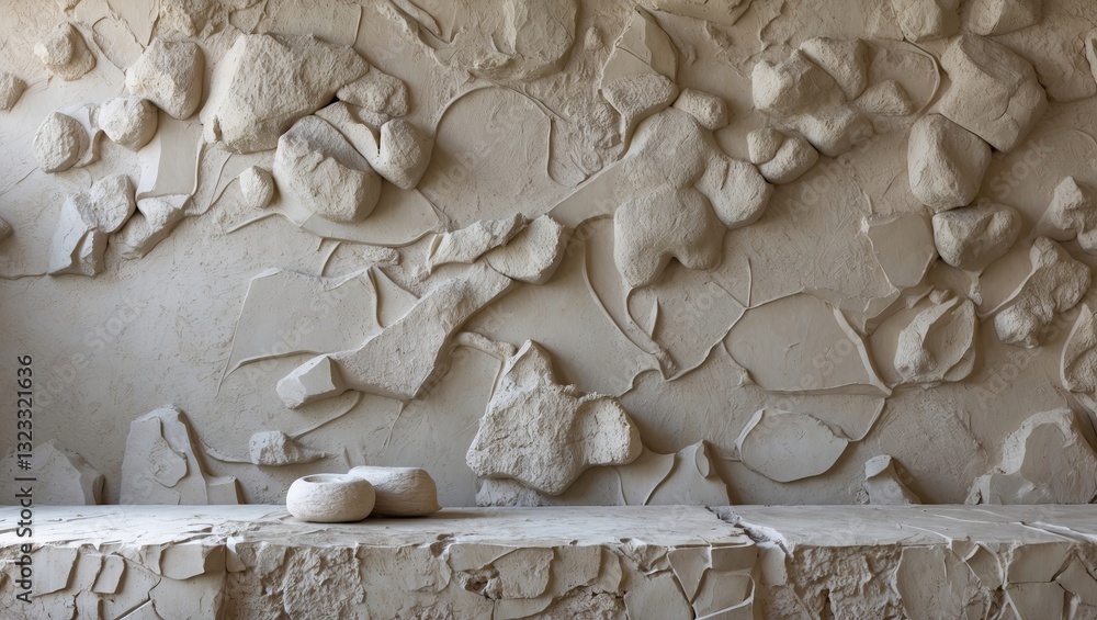 Poster textured cream-colored cement plaster wall with irregular stone-like patterns, creating a rustic amb