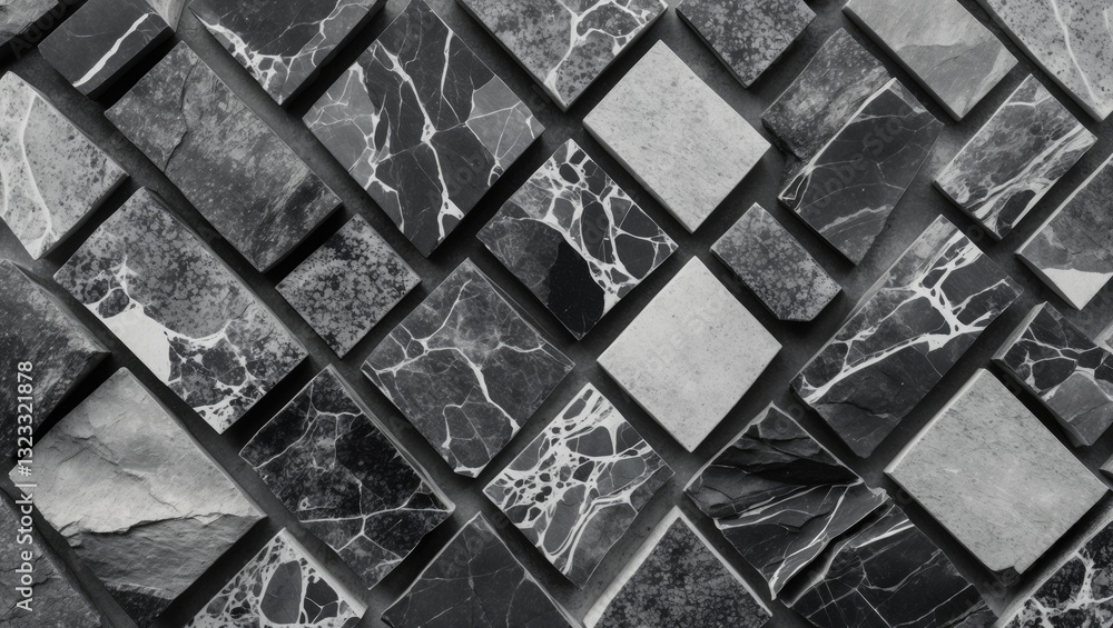 Poster abstract black and white marble stone pattern featuring various tiles in a diagonal layout with cont