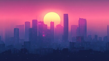 Synthwave city panorama at sunset with vibrant colors and futuristic buildings