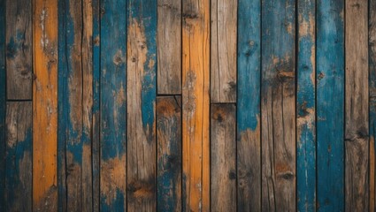 Colorful vertical wooden planks in shades of blue, brown, and orange arranged in a rustic grunge texture background suitable for design use