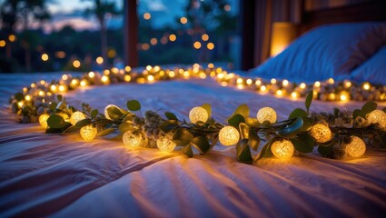 Glowing circular garland with warm yellow lights and greenery resting on a soft white bedspread against a twilight backdrop with soft blue hues.