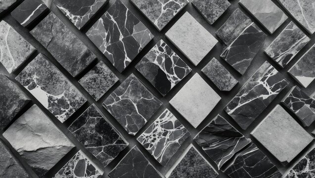 Abstract black and white marble stone pattern featuring various tiles in a diagonal layout with contrasting textures and sleek finishes.