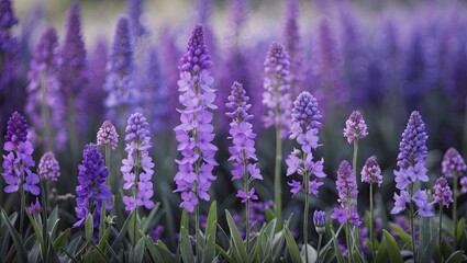 Obraz premium Vibrant field of purple flowers showcasing various shades from deep violet to soft lavender, densely arranged with lush green leaves in foreground.