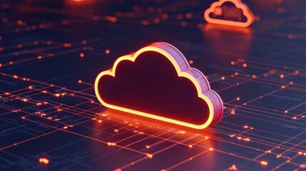 Digital literacy and technology analysis concept. Digital cloud icon glowing in a futuristic network environment with circuits.