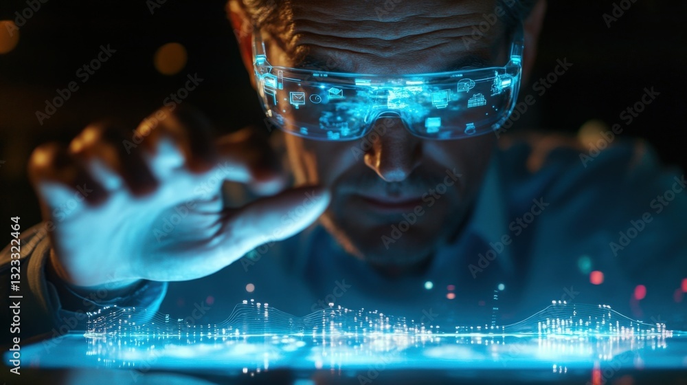 Poster a closeup of a business professional using augmented reality glasses to interact with holographic el