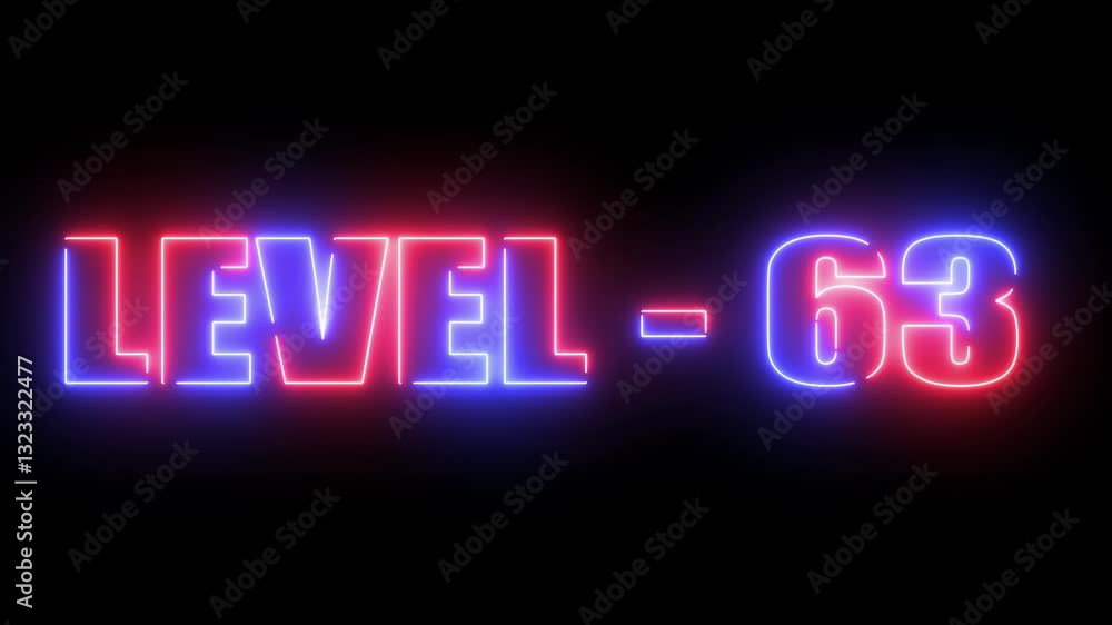 Poster animation of level sixty three text over neon line with black background. level 63 neon text animati