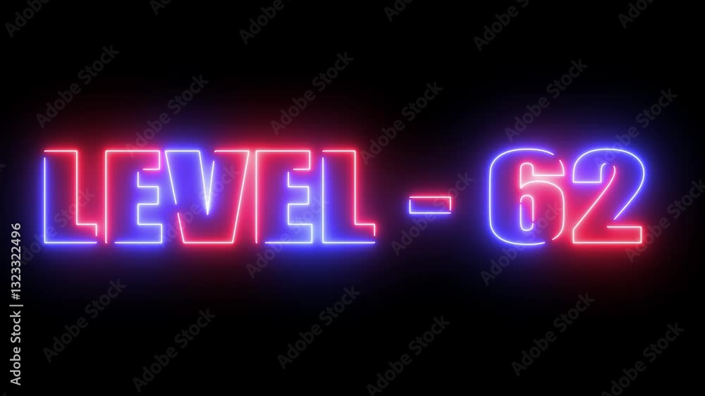 Aufkleber animation of level sixty two text over neon line with black background. level 62 neon text animation