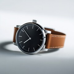 Close-up of luxury minimalist wristwatch with leather strap on white background. Time concept. Lifestyle, elegance, modern, style.