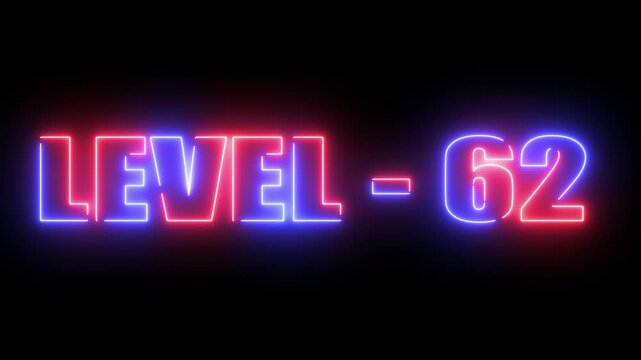 Animation of level sixty two text over neon line with black background. level 62 neon text animation.