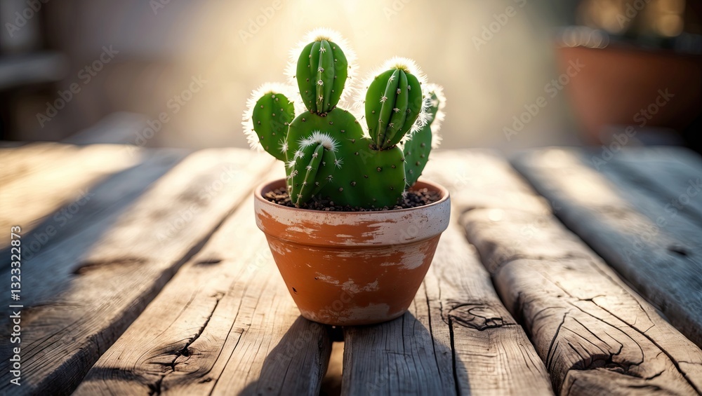 Poster green cactus in a terracotta pot centered on a wooden table with sunlight creating a fresh, vibrant 