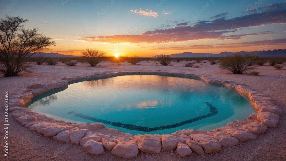 Poster vibrant sunset over a tranquil desert pool surrounded by soft sand and sparse greenery with ample co