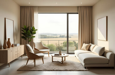 Fototapeta premium Elegant modern living room with scenic view through large window