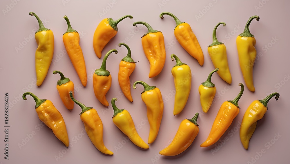 Poster vibrant yellow hot peppers artistically arranged on a soft pastel background with varying shapes and