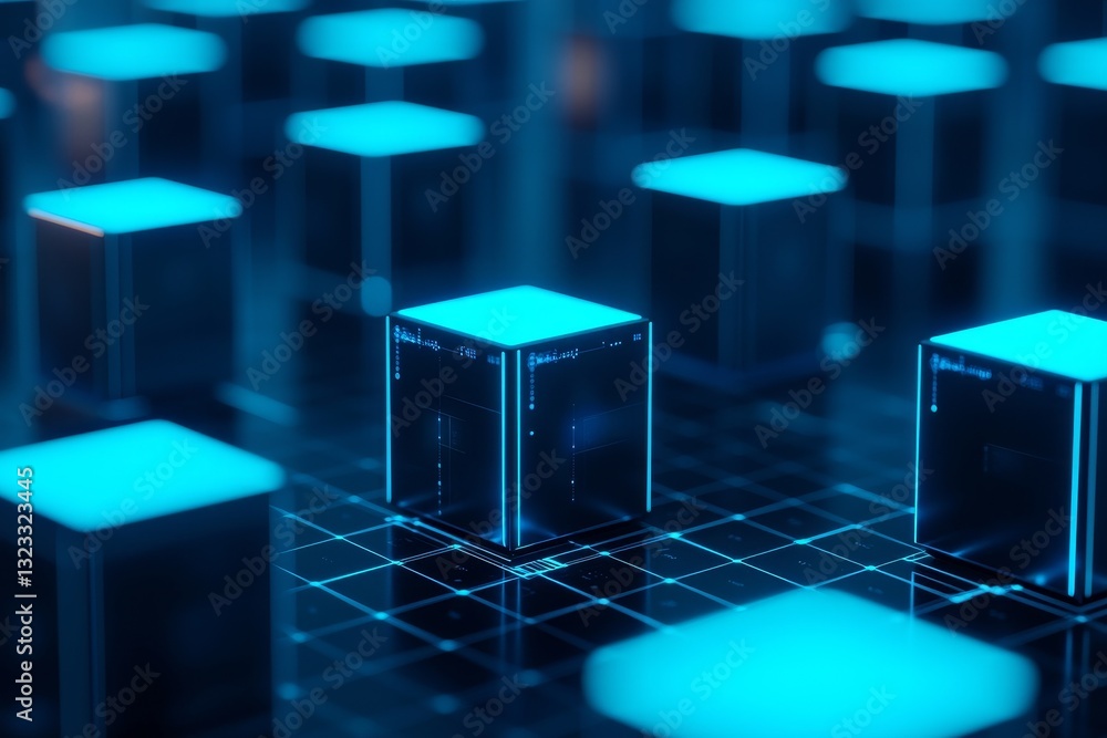 Poster operations of data science in business concept. futuristic digital cubes glowing in blue, arranged o
