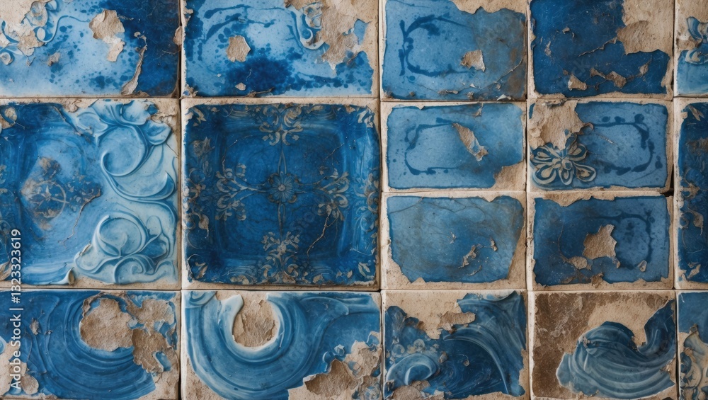 Poster vintage blue tiles with intricate designs in varying shades of blue and worn textures positioned in 