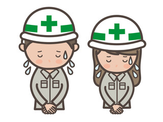 冷や汗をかいて謝罪する男女工事作業員の上半身イラスト