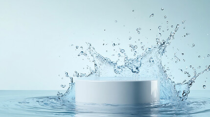 Minimalist white round podium emerging from water with a dramatic splash effect against a light blue background. Ideal for skincare, cosmetics, and refreshing product branding