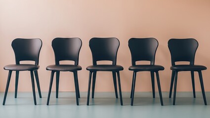 Five black chairs in a row against a soft pastel beige wall with a light blue floor providing ample copyspace for business presentations.