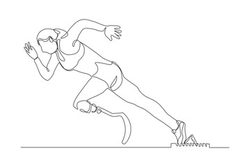 Continuous line of female amputee athlete runner with prosthetic legs run with motivation and passion competition. Single sketch drawing vector illustration 