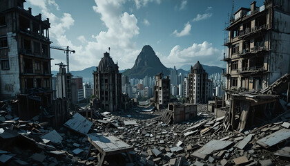 Post-Apocalyptic Ruins with a Mountainous Backdrop