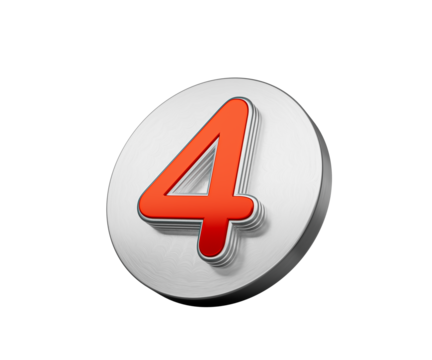 Vibrant Red Number Four 4 On A Metallic Silver Disc Icon 3D Illustration