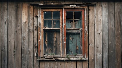 Rustic wooden wall with aged window showcasing peeling paint and decay, muted browns and greens, centered with ample copy space for text.