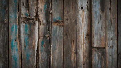 Obraz premium Textured aged wood background with warm brown tones, featuring weathered planks and subtle turquoise accents, arranged vertically across the image.