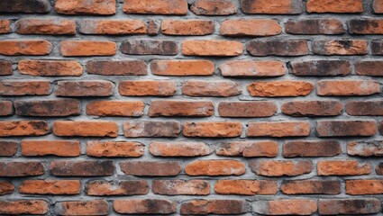 Obraz premium Textured red and brown brick wall background with unevenly placed bricks and varied color tones creating a rustic and vintage appearance.