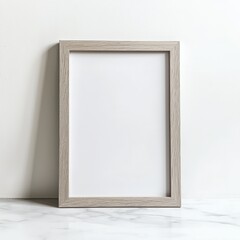 Eye-Level Modern wooden frame mockup on marble, near wall. Clean minimalist style, interior decor, blank canvas for photo or art, template.