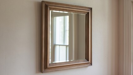 Fototapeta premium Framed rectangular mirror with ornate gold border mounted on a pale wall reflecting natural light from a nearby window.