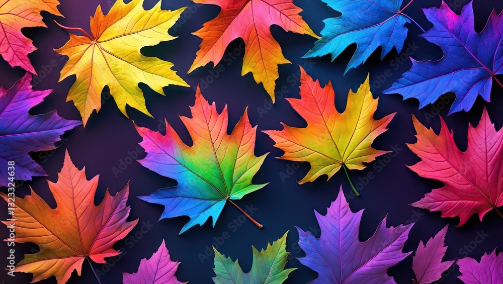 Poster colorful autumn leaves in vibrant rainbow gradient on a dark background with ample copy space for te