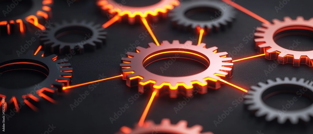 Poster organization with team collaboration tools concept. interconnected gears with glowing edges on a dar