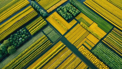 Aerial view of vibrant yellow and green agricultural fields with distinct rectangular patches and lush trees interspersed throughout.