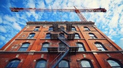 Urban construction scene with red brick building and crane under blue sky