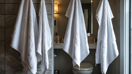 White terry towels draped on a bathroom rack against a neutral-toned wall with modern sink and lighting, creating a serene hotel ambiance.